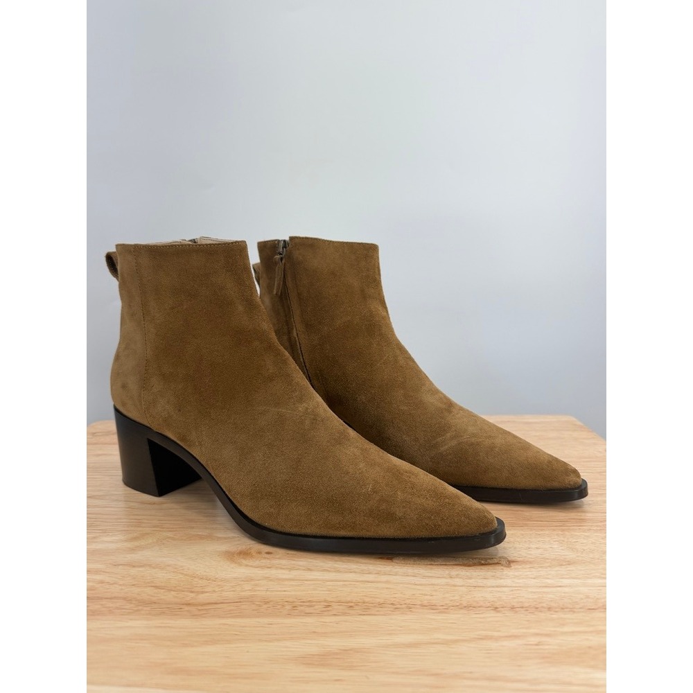 Kiki Price Brown Suede Pointed Toe Ankle Boots Made in Italy Size 39 Block Heel